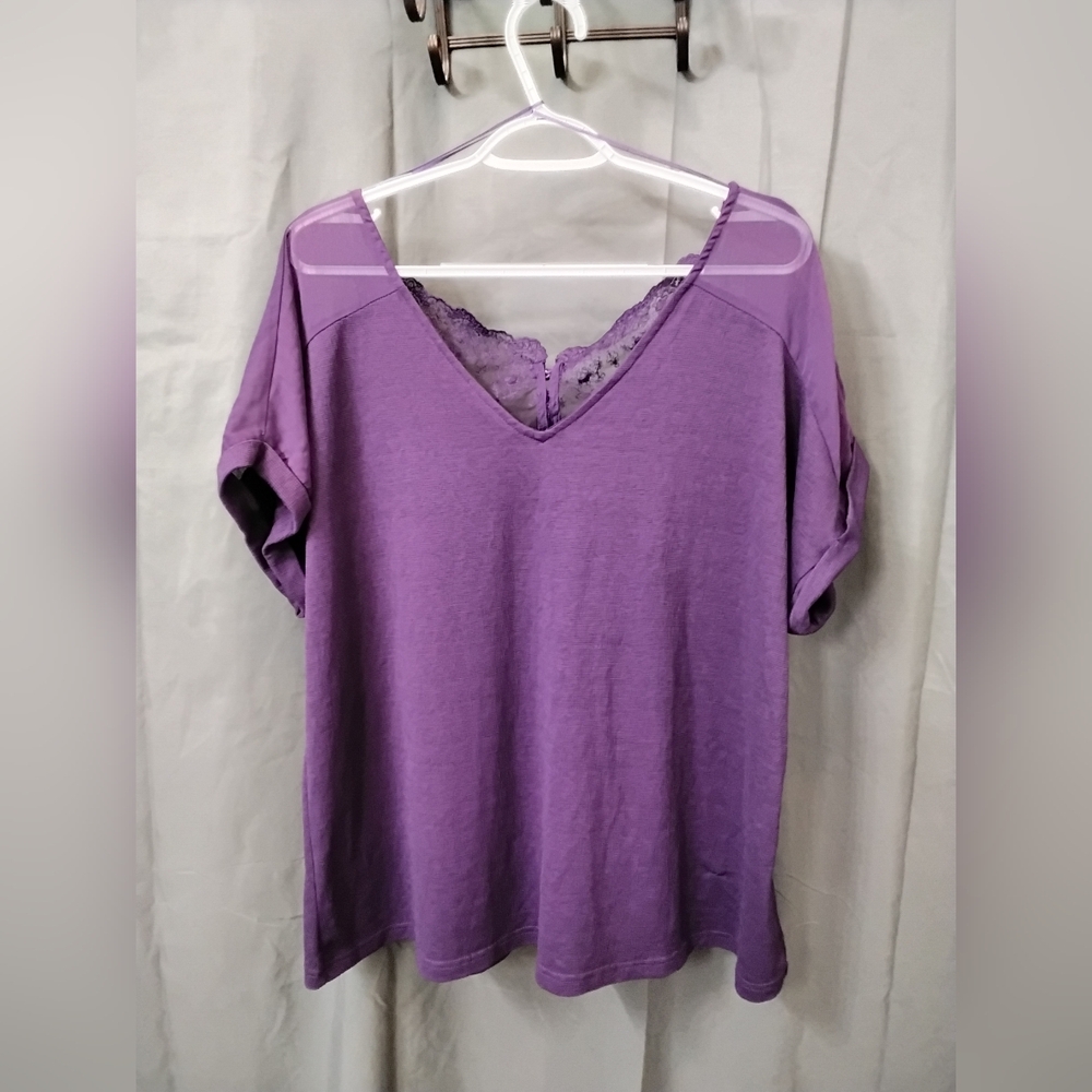 PRICE DROP!! Purple Relaxed V-Neck Blouse with Lace Trim